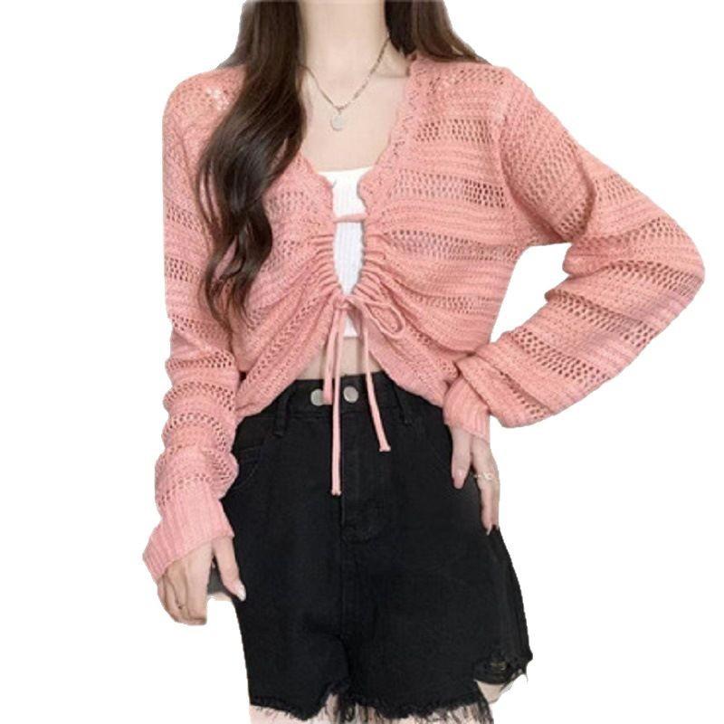 Summer V-neck hollow new slim-fitting and thin drawstring short outer knitted sweater women's thin solid color top