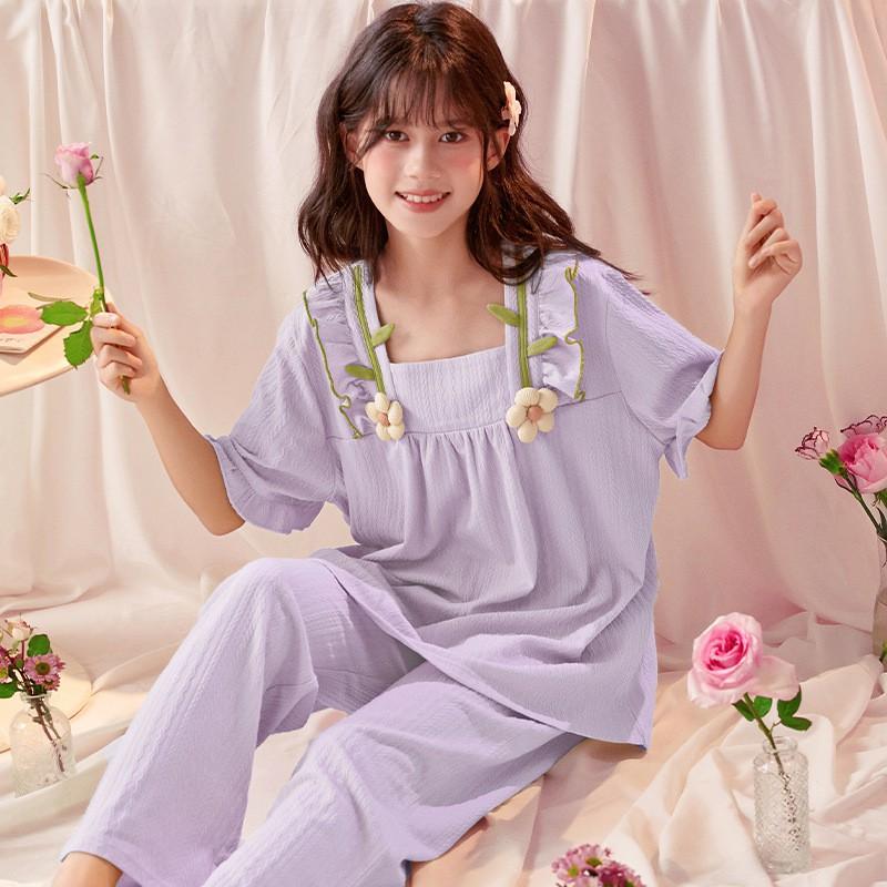 Girls Cotton Pajama Set Short Sleeve Princess Style Sleepwear Kids 8 Years Lightweight Home Wear
