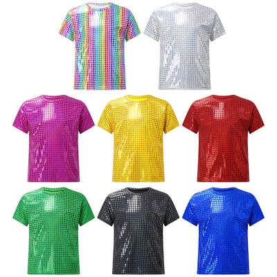 Unisex Kinder Performance Shirt Rundhals Kurzarm Glänzendes Karomuster Pailletten Design Bühnentanz Top