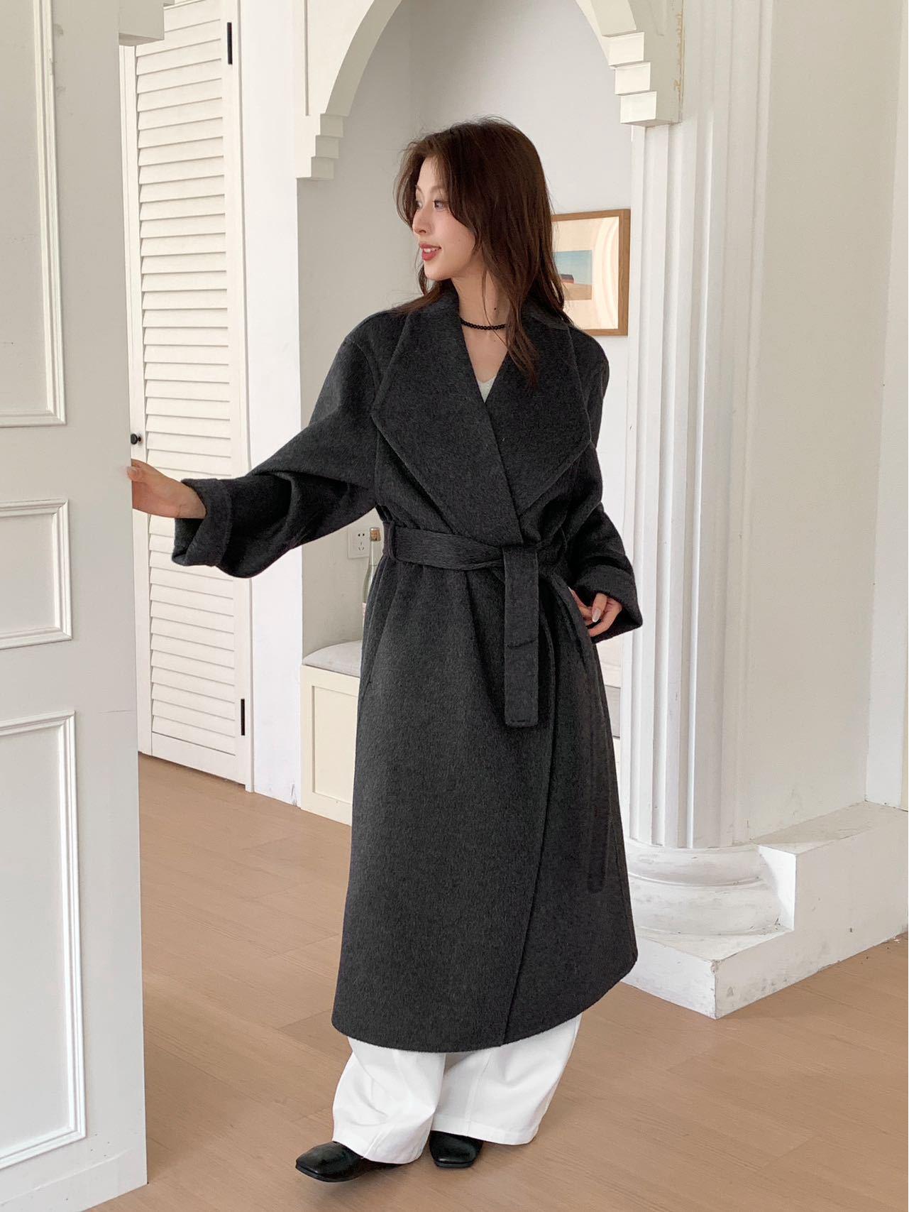 

2025 Autumn/Winter Korean Style Women s Extra Long Cashmere Double-Faced Tie Waist Coat Medium