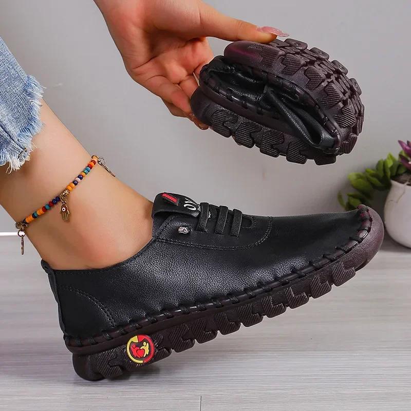New Women's Handmade Flat Sneakers Comfortable Slip On Lace Up Round Toe Shoes Hand Sewing Thread Mom Shoes Zapatillas De Mujer