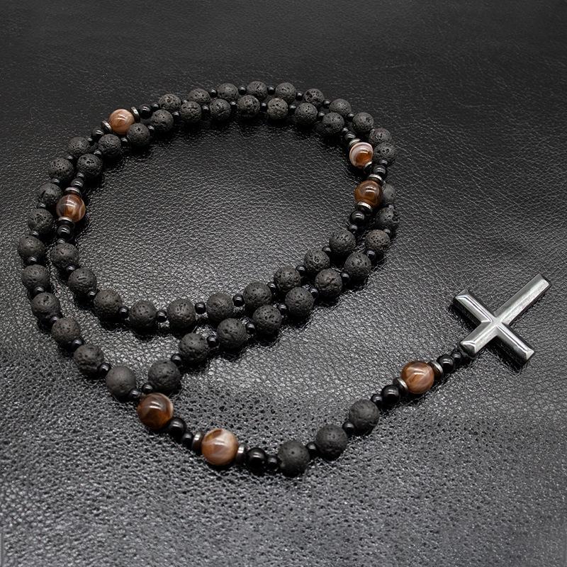 Collana Rosario con Perle Occhio di Tigre Naturale e Pietra Vulcanica, Ciondolo a Croce in Lega, Lunga Catena per Maglione, Gioielli Religiosi alla Moda Unisex