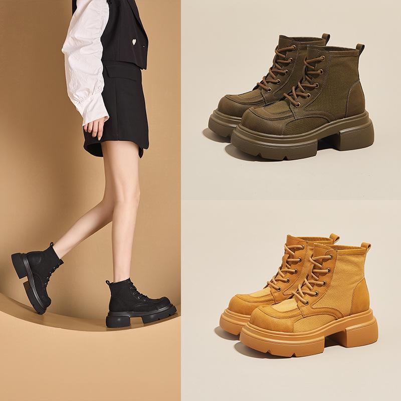 2026 Autumn Splicing Thick Bottom Leather Face Women's Korean Version Lace Up Casual Shoes Women's Inner Yellow Boots Women