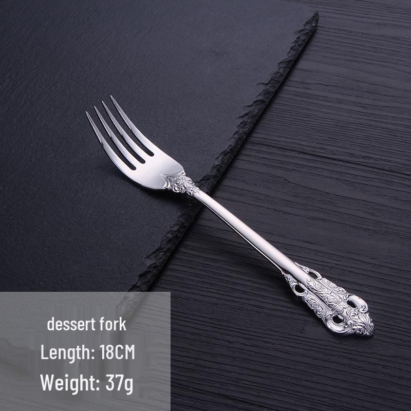 European Retro Stainless Steel Embossed Cutlery Set: Steak Knife, Fork, Spoon, Cake Fork, Dessert Fork, Soup Ladle