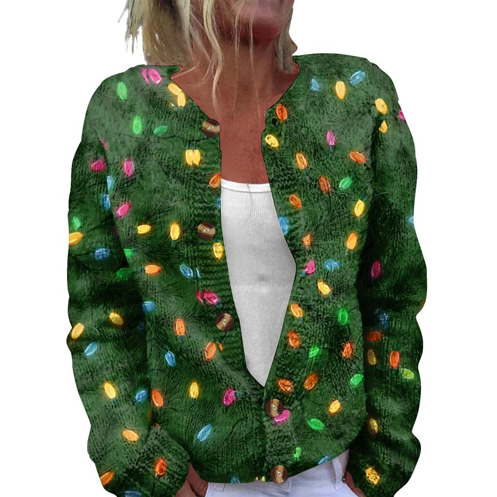 Women's Fashion Christmas Printed Long Sleeve Knitted Cardigan Button Down Jacket