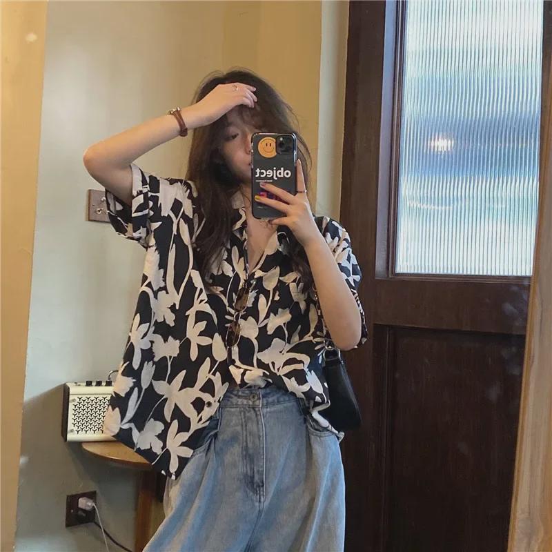 Retro Kikyō Print Women's Summer Shirt, Hong Kong Chic, Harajuku BF Style, Short Sleeve, Gentle Design.