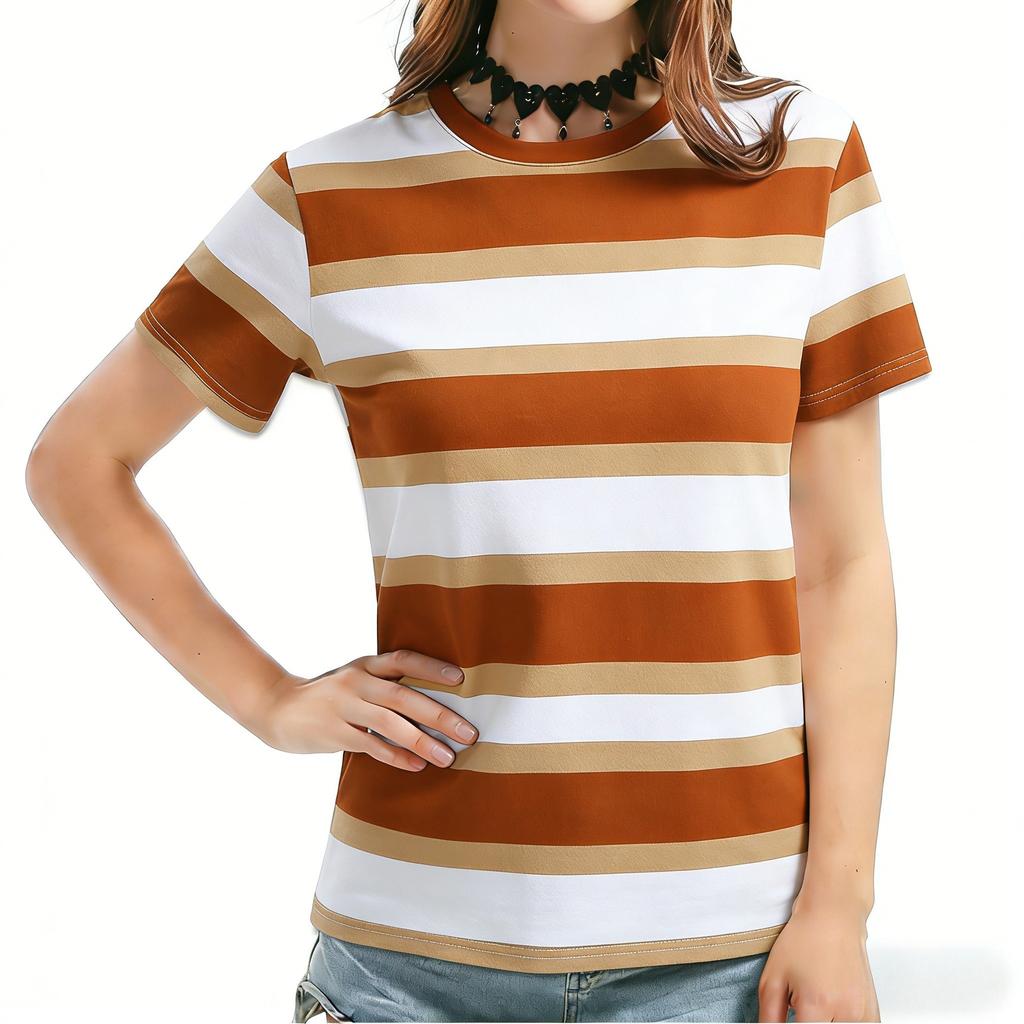 2026 New Model Chic Color Contrast Striped T-Shirt, Women's Fashionable Casual Summer Basic Topv