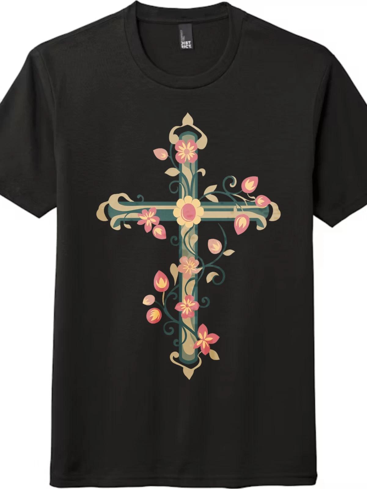Vintage Floral Cross Religious Faith Graphic T-Shirt Unisex Cotton Christian Tee XXL