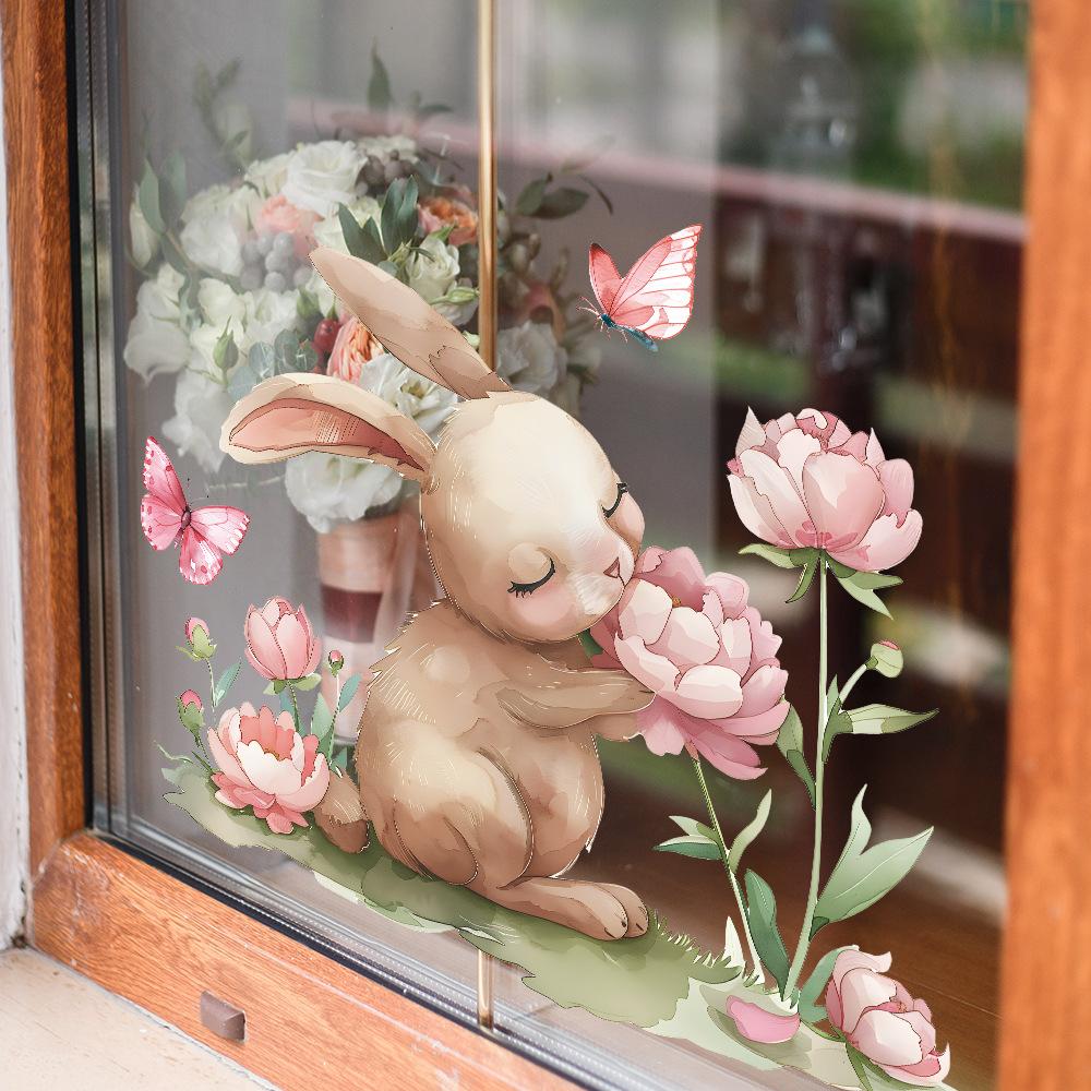 Ostern Aquarell Cartoon Hase Blume Statisch Haftend UV Fensteraufkleber Selbstklebend für Glasfen Heimdekoration
