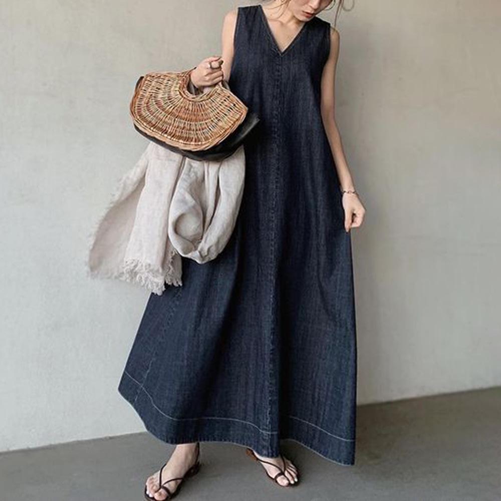 

KKK Women s Washed Denim V-Neck Lace-Up Back Harajuku Long Skirt S светло-синий