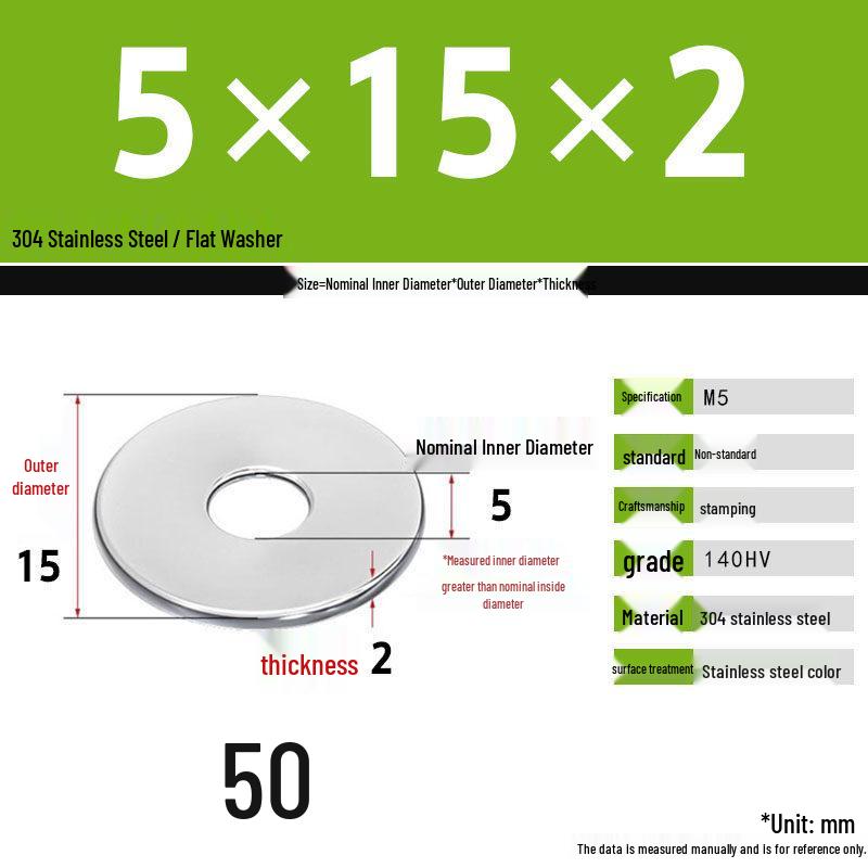 304 Stainless Steel Thickened Flat Washer Set, Sizes 2-36