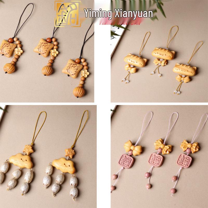 Golden Wood Carved Bow Knot Kitten Cushion Pendant - Blood Cypress Joy Plate Bag Phone Charm