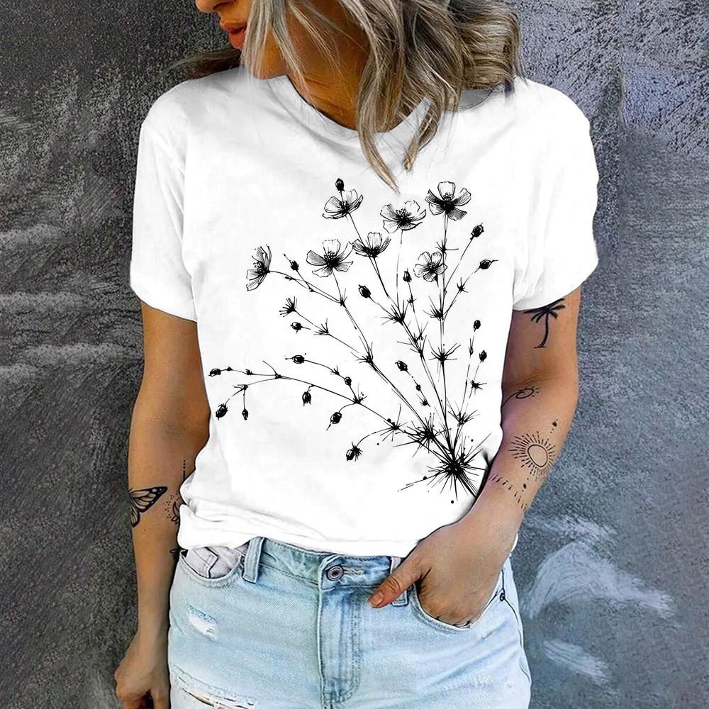 Camiseta de manga corta holgada y transpirable con estampado de diente de león para mujer, camiseta de verano de alta calidad, nueva y sencilla camiseta de cuello redondo