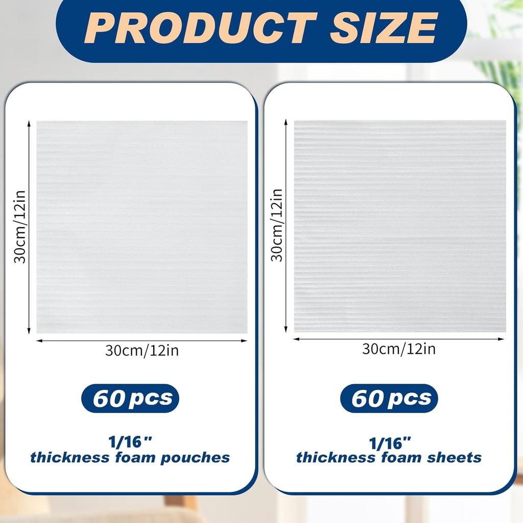 PerKoop 120 Pack Thickening Foam Sheets Pouches 12" x 12" for Packing Dishes, Foam Material Wrap Cushioning, Moving Supplies for Packing Storage and