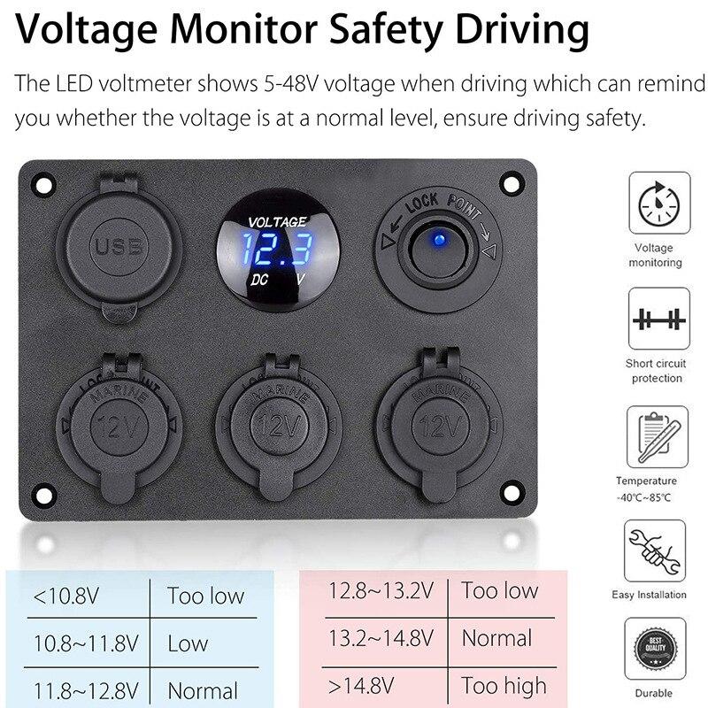 6 In 1 Aluminum Panel 12V Power Socket Power Outlet 4.2A Dual USB Charger LED Voltmeter Toggle Switch for Marine RV