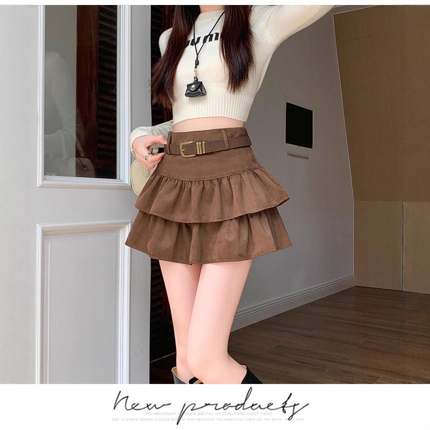 High-Waisted Retro Coffee Ruffle Mini Skirt for Women