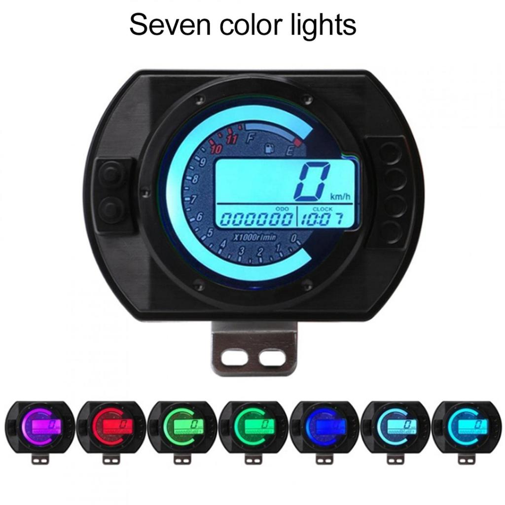 Motorcycle Speedometer, Universal DC Digital Speedometer Odometer Tachometer, 0-11000 R/Min 0-199KM/H7 Color Light Bike Speedometer