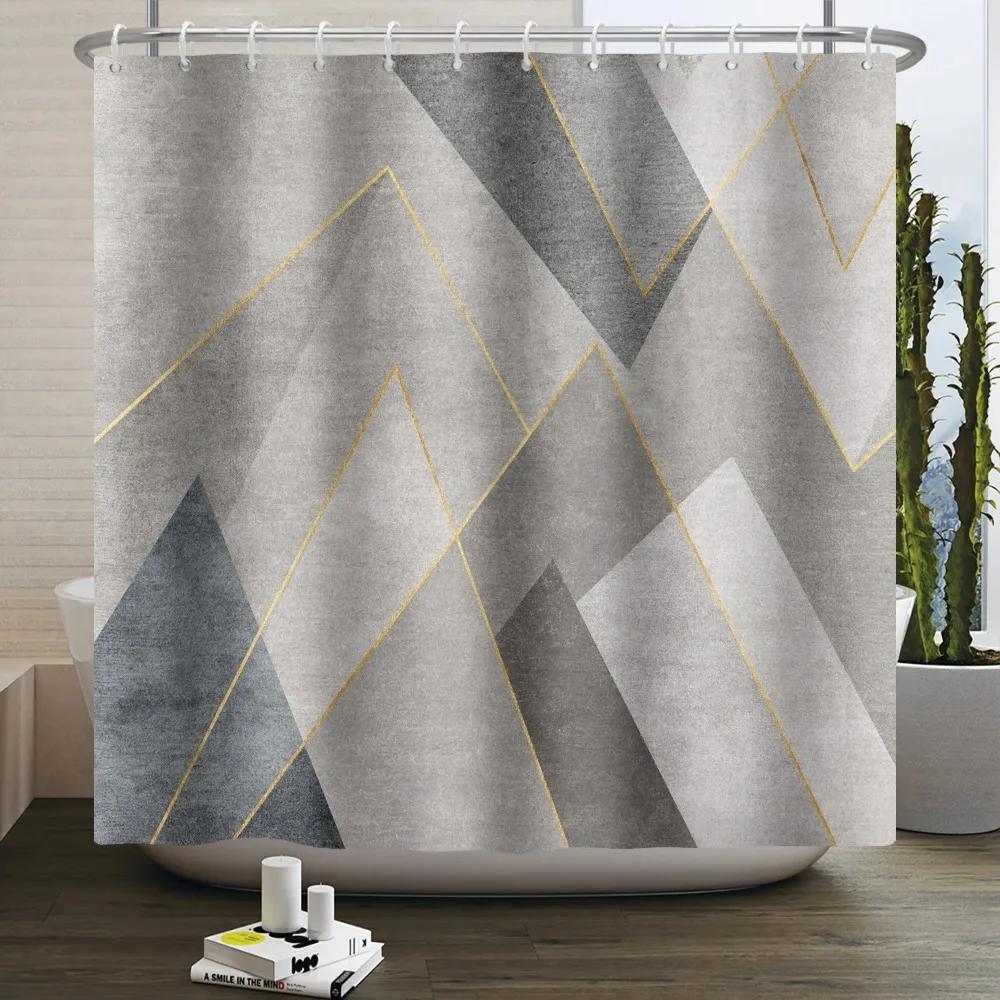 Geometric Shower Curtain Modern Abstract Brown Marble Luxury Gold Bronze Bathtub Screen Waterproof Bathroom Decor