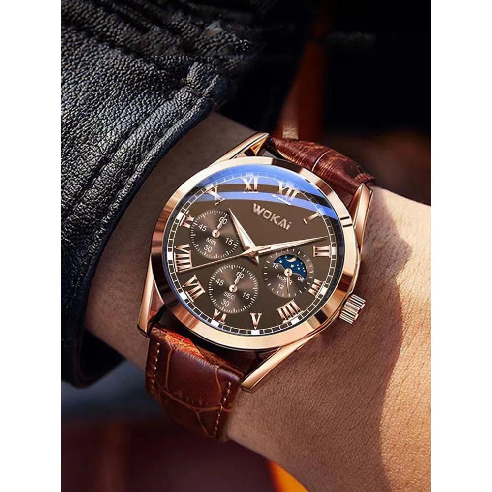 Orologio al Quarzo Moda Business con Quadrante Romano a Tre Occhi e Cinturino in Bambù