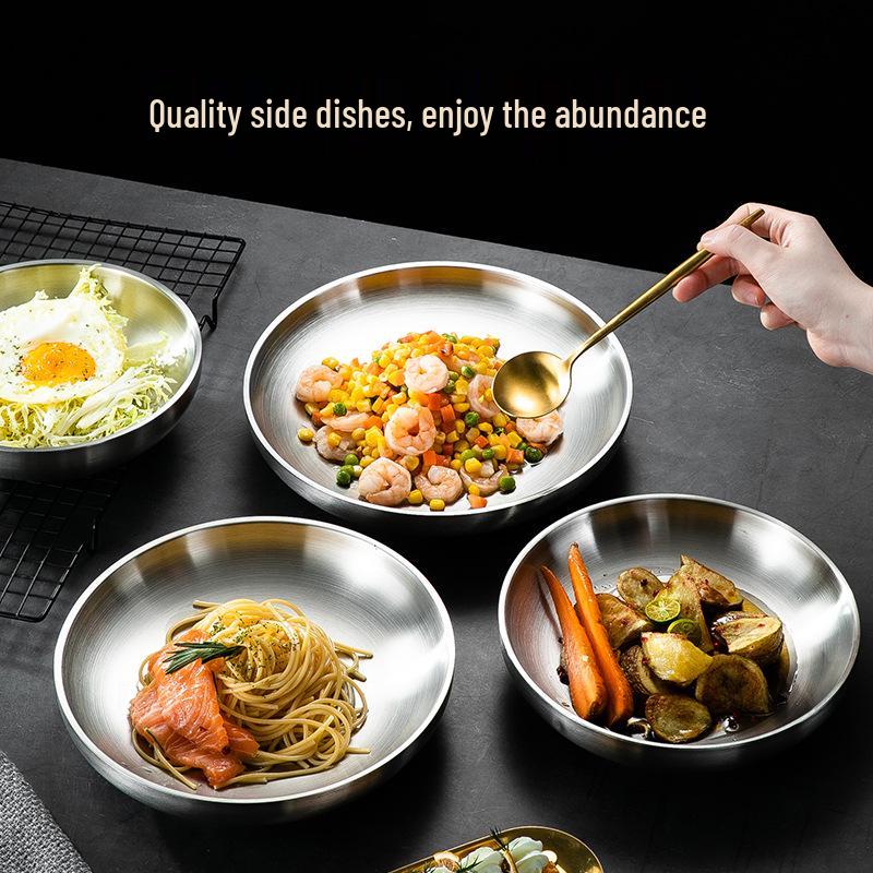 304 Stainless Steel Deepened Double-Layer Round Plate - Steak, Dessert, and Fruit Dining Plate