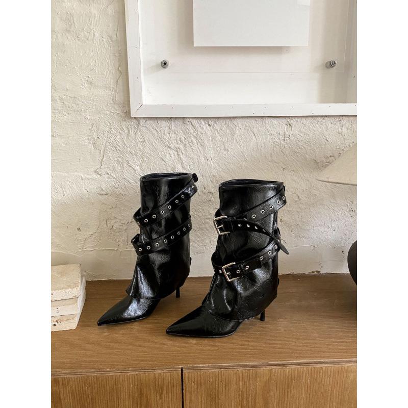 2025 Autumn European and American Style Rivet Belt Buckle Wide Tube Pointed High Heel Boots