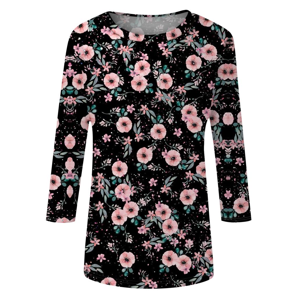Women's Fashion Casual Round Neck 3/4 Sleeve Loose  Printed T-Shirt Ladies Top