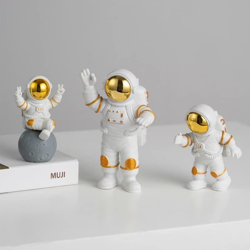 3pcs Astronaut Figurine Home Decor Astronaut Statue Study Office Desk Decor Showpiece Gift Decoration Accessories Outer Space PVC Sculpture (Golden)