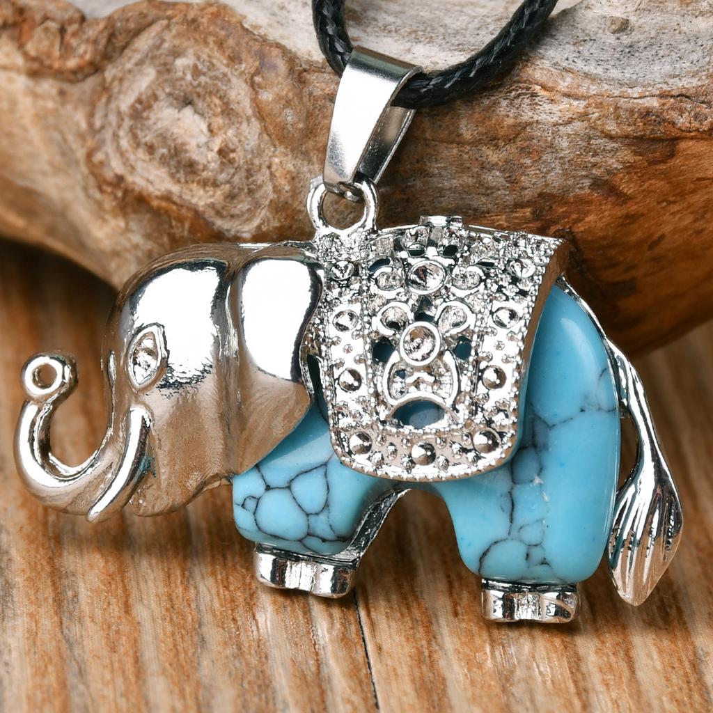 1Pcs Natural Stone Elephant Pendant Necklace for Both Men and Women, Tiger Eye Stone Leather String Necklace