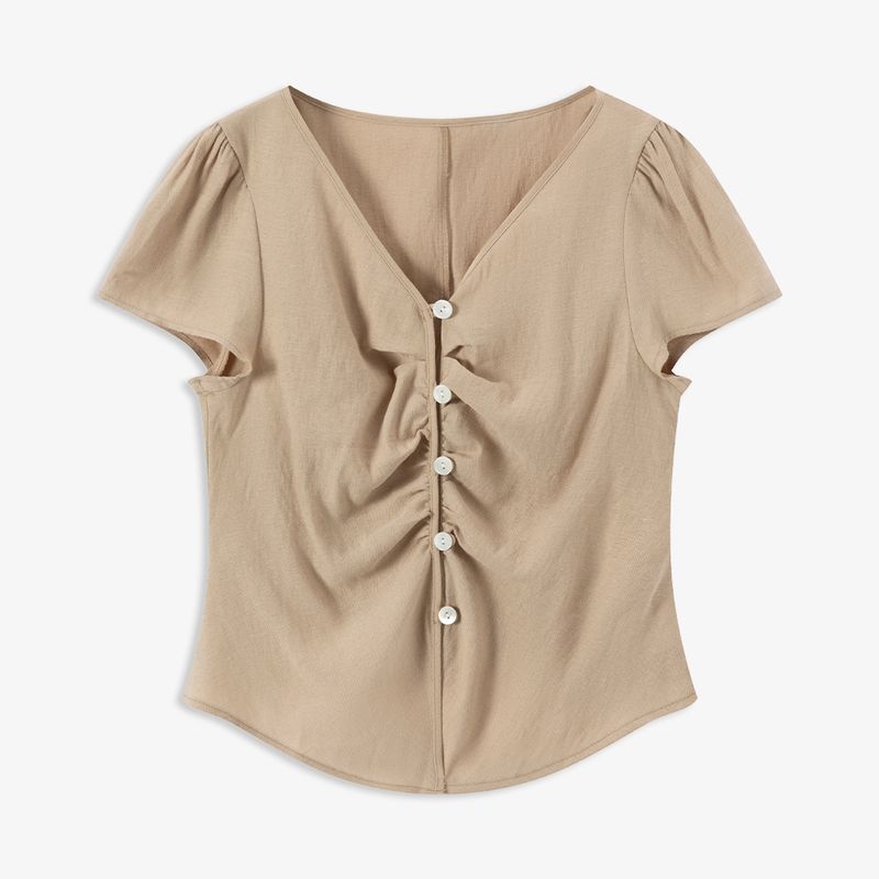 

Aozhi Country Niche Design 2 Colors V Neck Ruched Silm Slim Looking Short Sleeve Shirt Female Minimalist All-Matching Shirt SW Khaki M