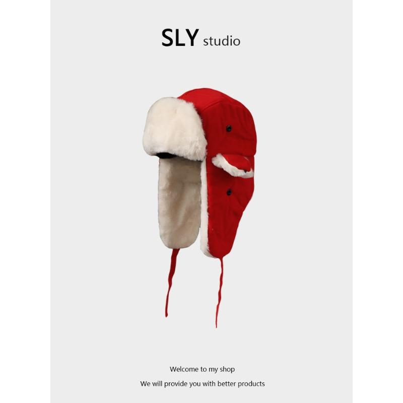 Chinese Style Big Red Lei Feng Hat Winter Men and Women Thickened Warm Plush Cold Proof Ear Protection Hat Northeast Ski Hat