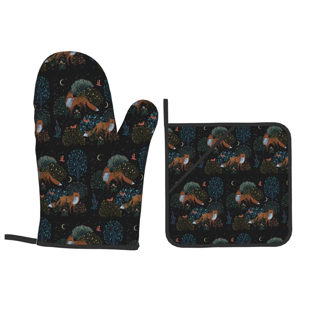 Wald Fuchs Ofenhandschuhe und Topfuntersetzer Sets von 2 Stück zum Backen Küche Kochen Grillen Hitzebeständig Rutschfeste Handschuhe