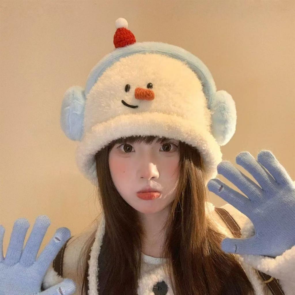 Women Cute Snowman Knit Earflap Hat Winter Warm Beanie Slimming Face Pullover Lei Feng Cap