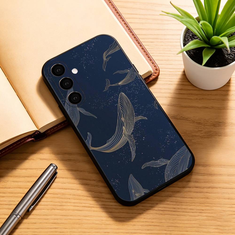 Line W-Whale Phone Case For Samsung Galaxy A73,A72,A71,A70,A53,A52,A51,Soft Silicone Black Cover