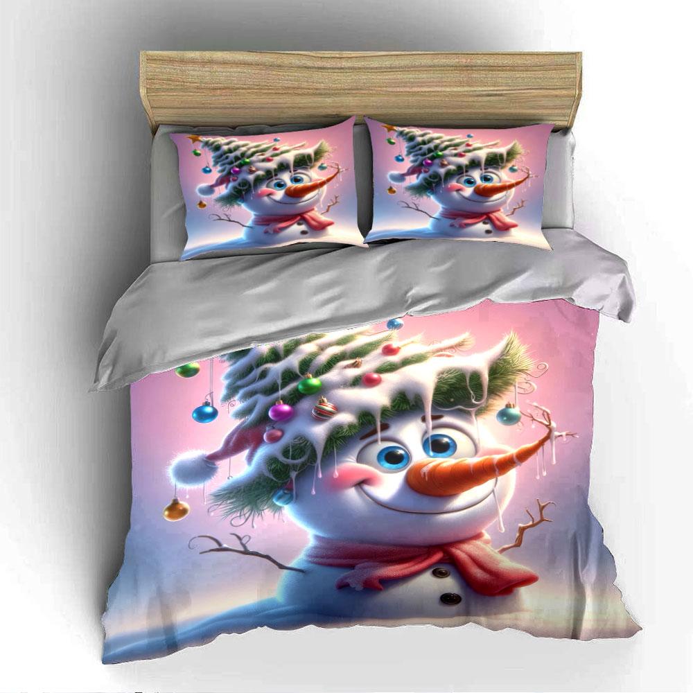 Cute Snowman with Xmas Hat Bedding Duvet Cover Set (1*Duvet Cover 2*Pillowcases, Without Duvet Insert)