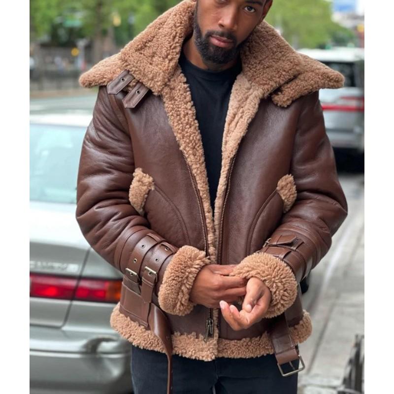 Mens Brown Fleece-Lined Thick Winter Jacket With Double-Layer Collar Belt Buckle Detail