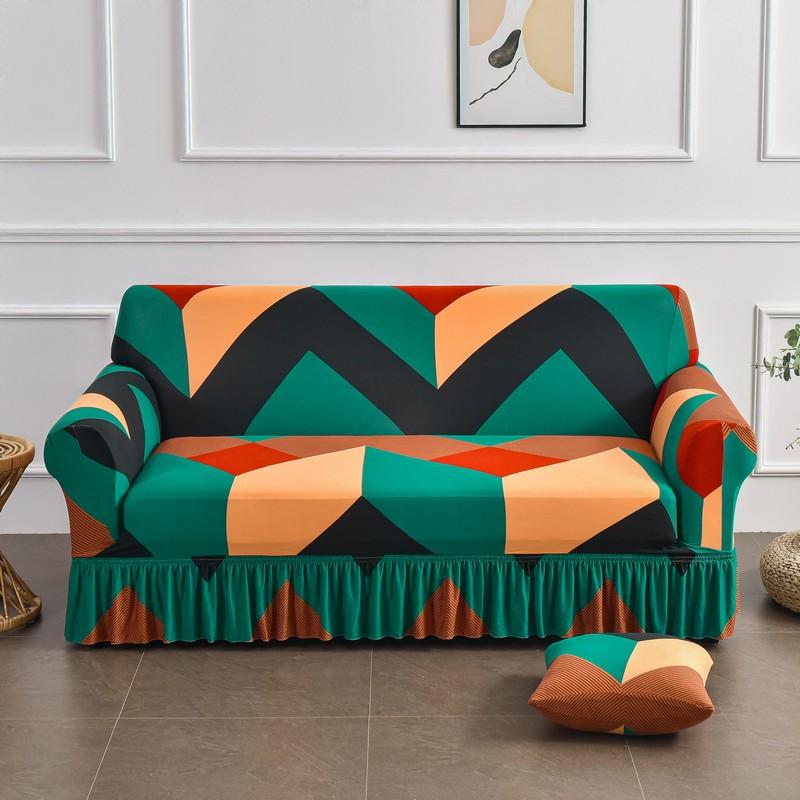 Elastic Stretchable Sofa Cover with Skirt Washable Furniture Protector Printed Slipcovers with Elastic Bottom for Living Room