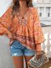 Spring/Summer 2025 Bohemian V-Neck Tie Long Sleeve Print Top for Women.