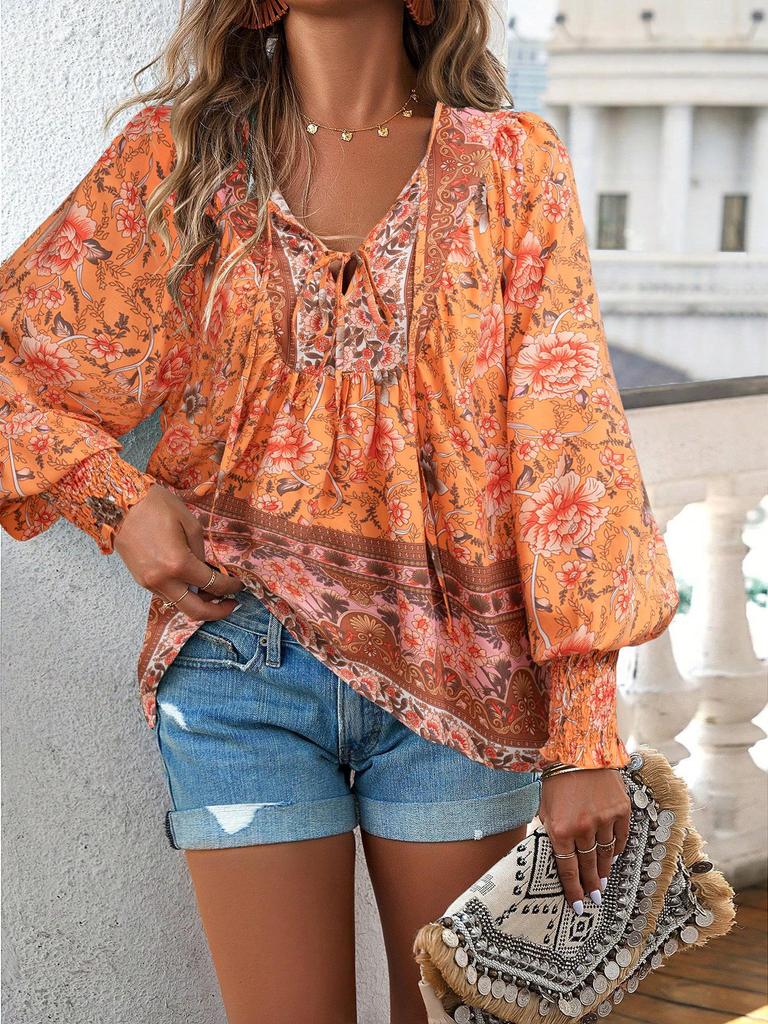 Spring/Summer 2025 Bohemian V-Neck Tie Long Sleeve Print Top for Women.