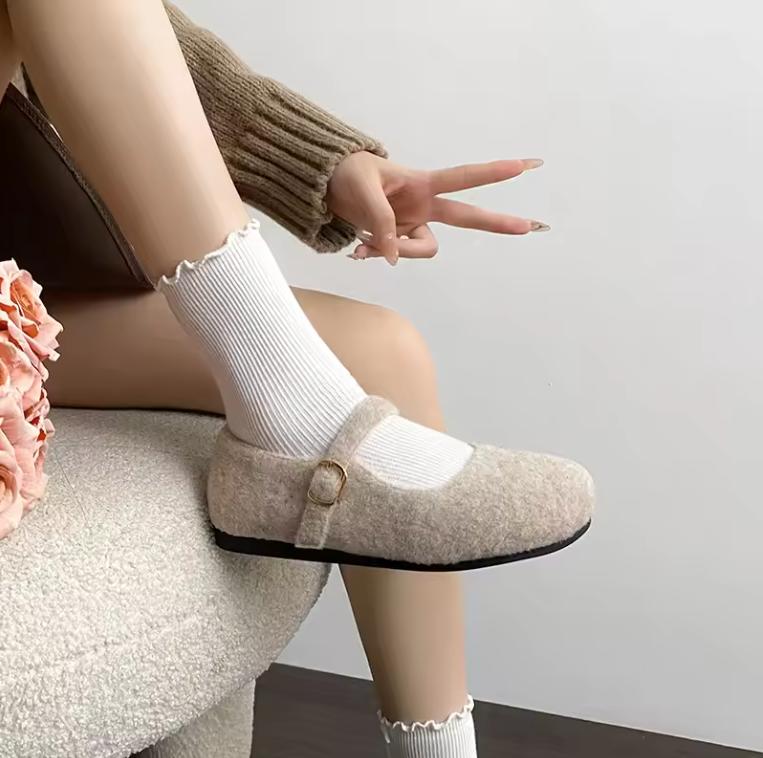 Square Toe Felt Woolen Mary Janes Woman Tabis Flats Cotton Shoes Ladies Winter Strap Buckle Loafers Female Boots Furry Mocasines