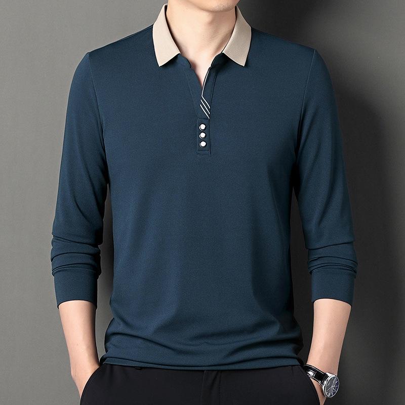 Nuova T-shirt da Uomo a Maniche Lunghe con Risvolto Primavera e Autunno Moda Casual Giovanile Vestibilità Waffle Top da Uomo alla Moda