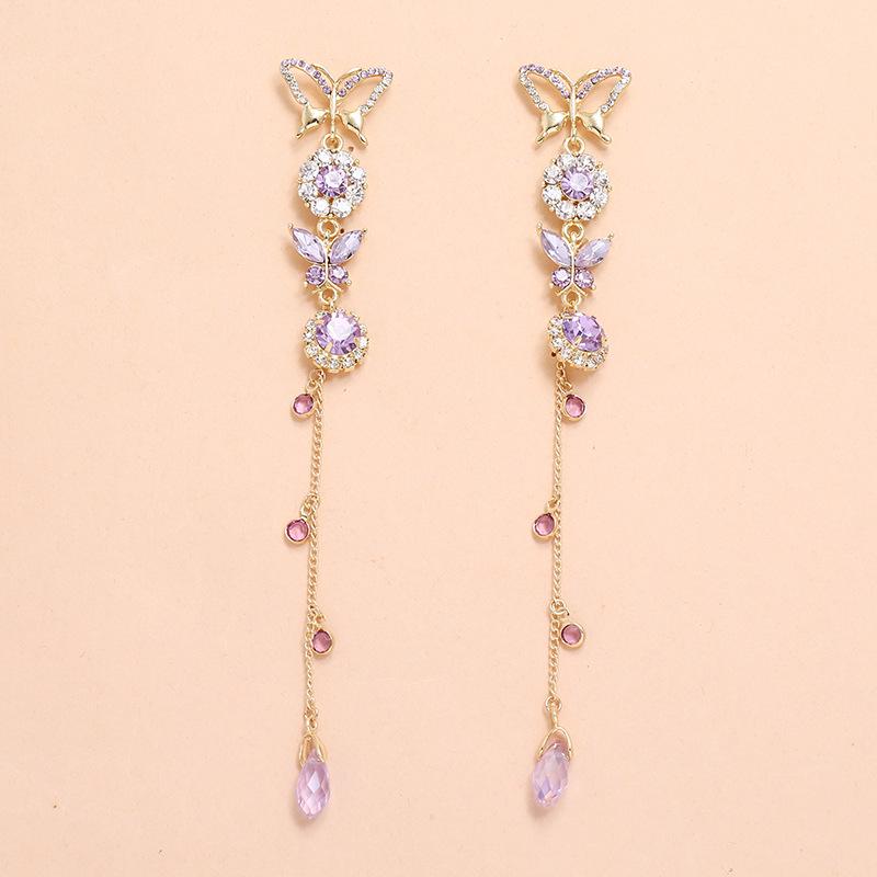 Purple Butterfly Long Tassel Earrings - Korean Fashion Style