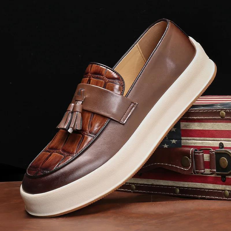 Mens Trendy Personalized Designer Tassels Loafers Men's Slip-on Casual Leather Shoes Men Thick Sole Heightened Shoe