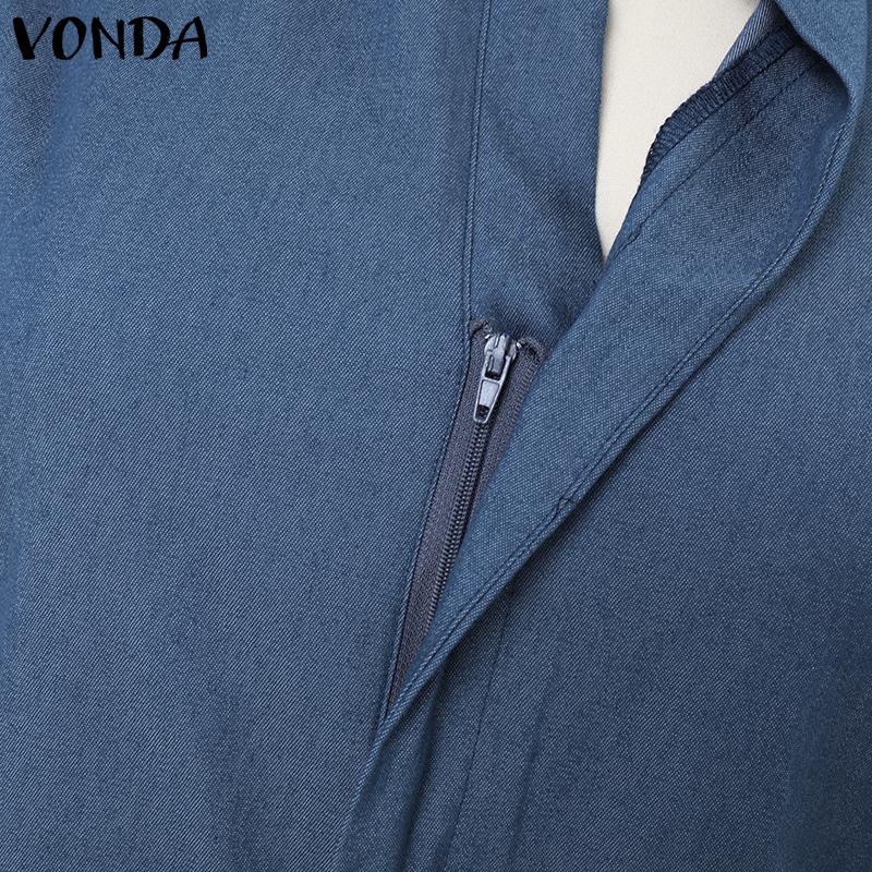 VONDA Damskie Letnie Bez Rękawów Zapinane na Zamek Dżinsowe Niebieskie z Paskiem w Talii Długie Kombinezony Ogrodniczki