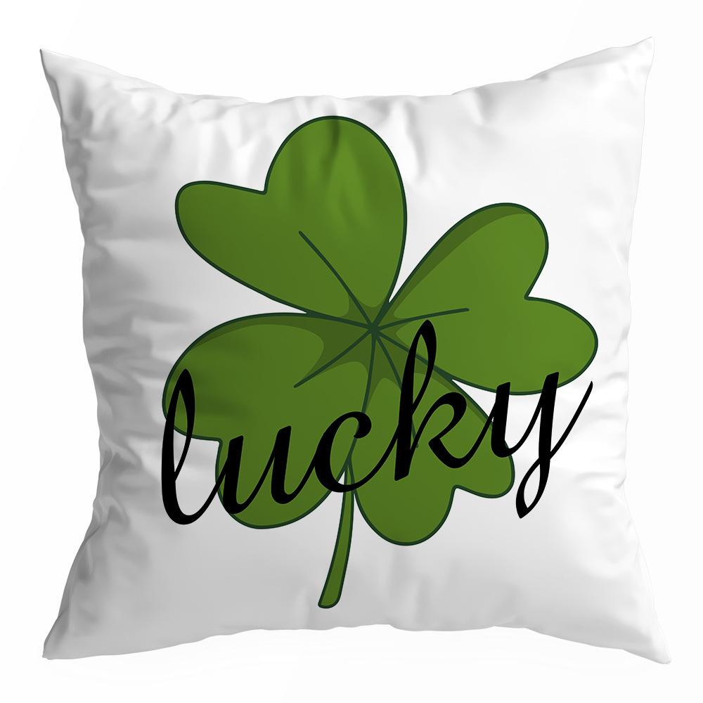 St. Patrick's Day Peach Skin Velvet Pillowcase, Green Four-leaf Clover Printed Sofa Pillow Cushion