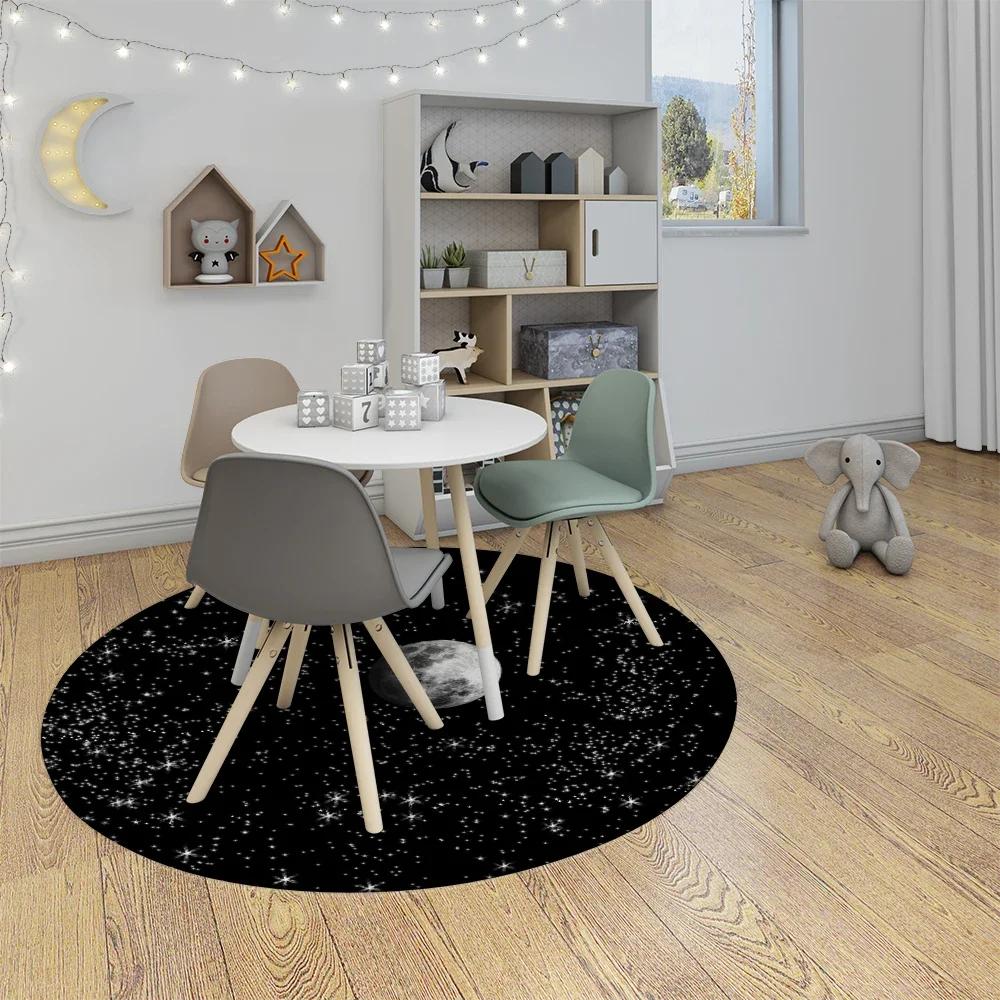Black Starry Sky Round Carpet Modern Living Room Bedroom Study Floor Mat Star and Moon Illustration Beautiful Room Floor Decor