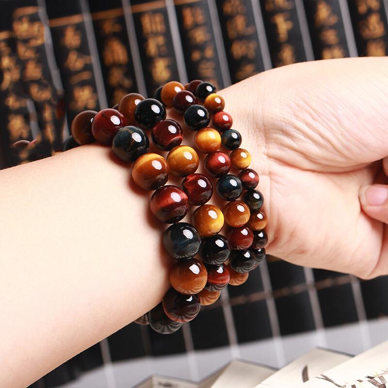 Tri-Color Tiger Eye and Eagle Eye Stone Bracelet for Men and Women, 8-14mm Natural Red, Yellow, and Blue Stones with Wood Crystal.
