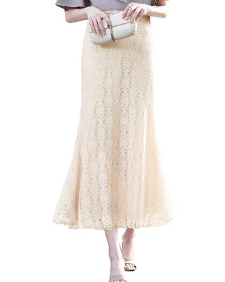 Yino Langer Meerjungfrauen-Spitzen-Blumen-Elastischer Pendler-Damenrock, Rock, Druck, Ausgestellt, Knöchellang, Taille, Stretch, Figurschmeichelnd, Schlankmachend, Feminin,