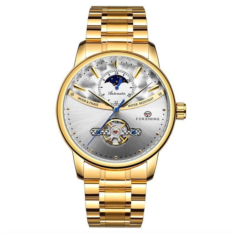 FORSINING Men's Moon Phase Tourbillon Watch Luxury Self-wind Mechanical Automatic Waterproof Retro Watches Stainless Steel Band Wristwatch