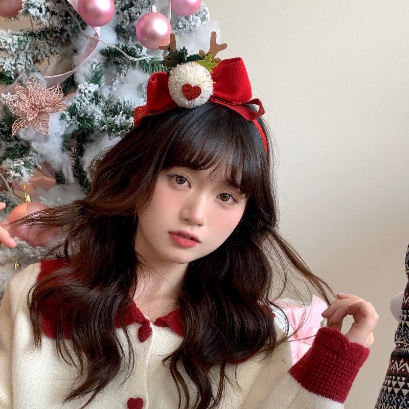 

Повязка на голову с красным бархатным бантом и оленьими рогами с помпонами - Праздничные аксессуары для волос для женщин