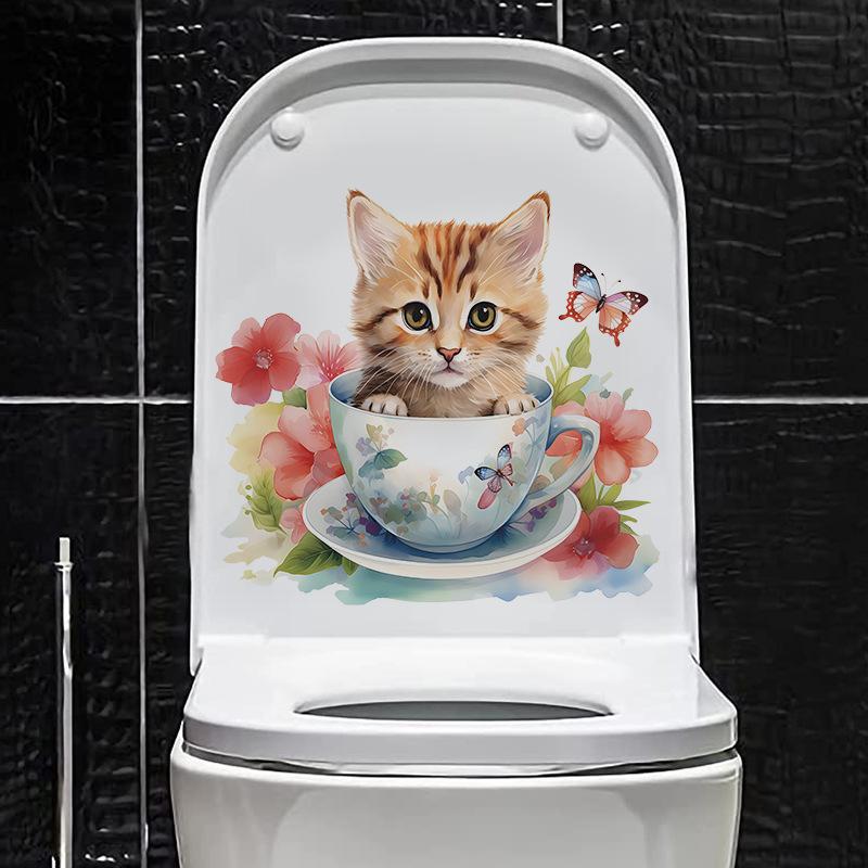 Cute Cat Wall Stickers Waterproof Vinyl Decals Tea Cup Design Pet Store Decor Bathroom Kitchen Removable Peel Stick Home Decor